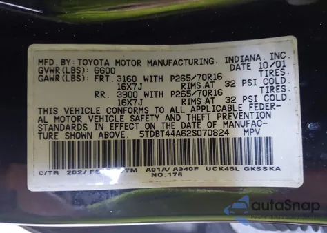 2002 Toyota Sequoia Sr5 V8 from USA, damaged, VIN 5TDBT44A62S070824